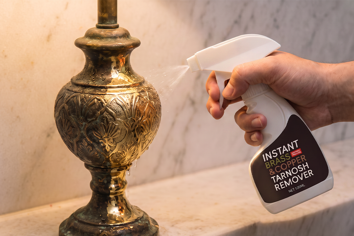 Spray product evenly onto tarnished brass