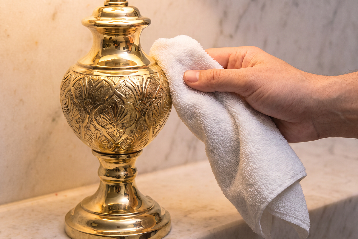 Wipe loosened tarnish and residue from brass