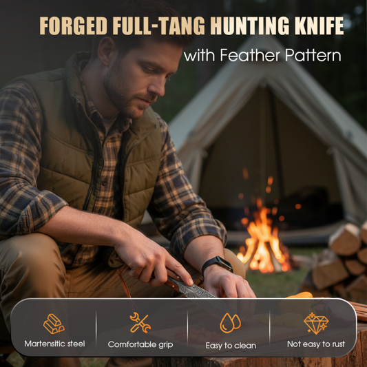 Forged Full-Tang Hunting Knife with Feather Pattern