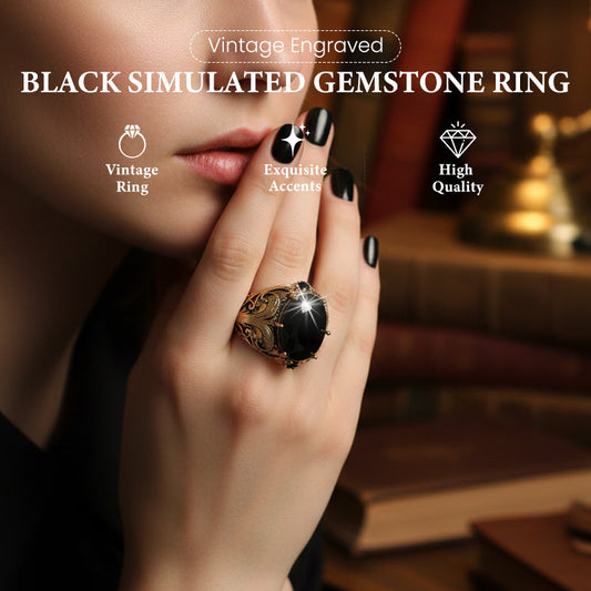 Vintage Engraved Black Simulated Gemstone Ring