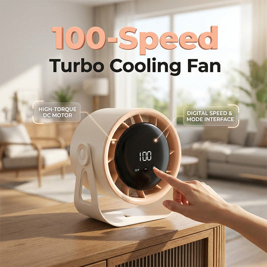 100-Speed Turbo Desk Fan – Ultra-Quiet Rechargeable Cooling, Smart Digital Display, Portable Vortex Air Circulator for Bedroom, Office & Home